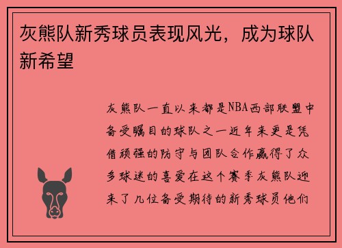 灰熊队新秀球员表现风光，成为球队新希望