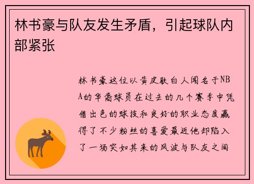林书豪与队友发生矛盾，引起球队内部紧张