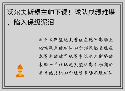 沃尔夫斯堡主帅下课！球队成绩难堪，陷入保级泥沼